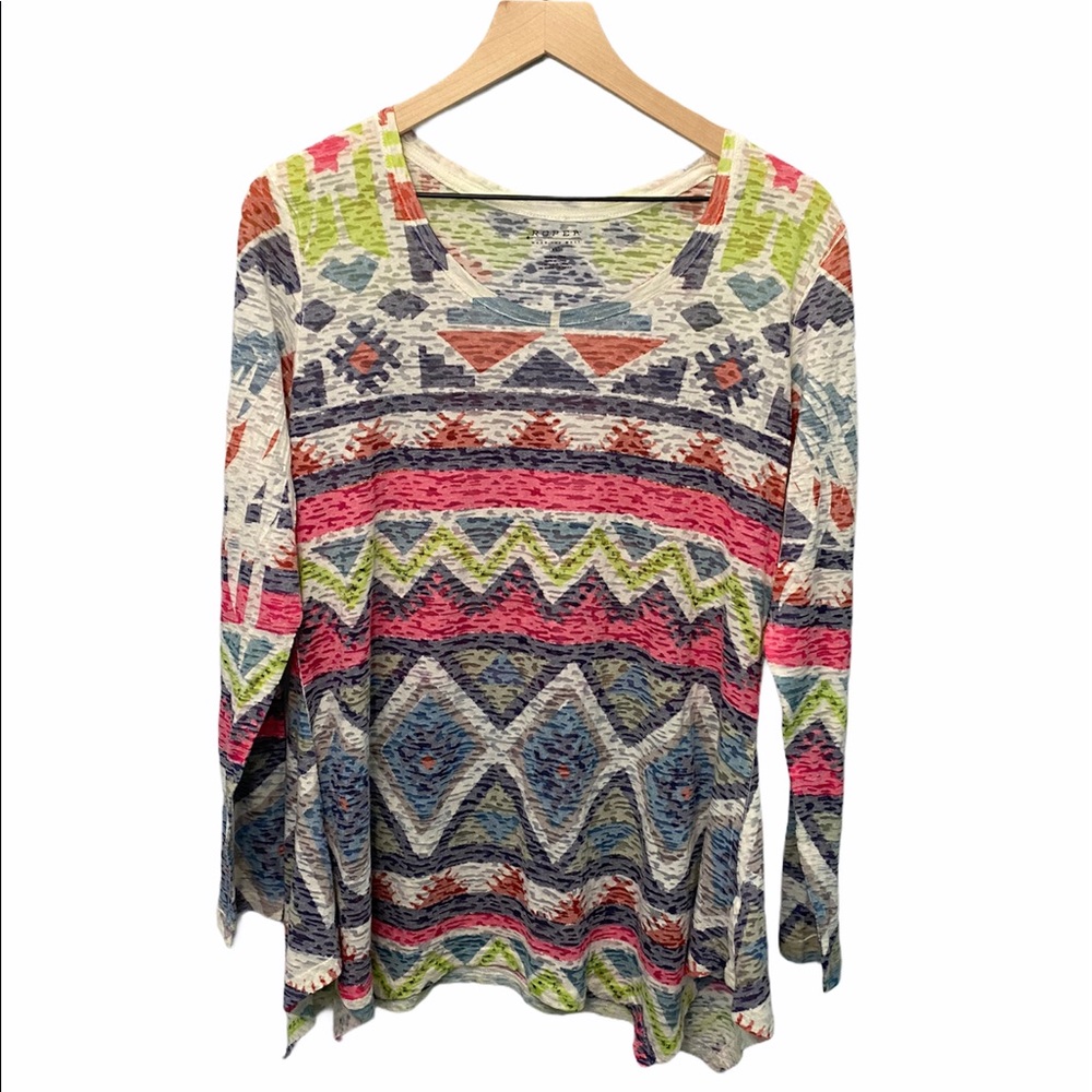 Roper | Y2K Aztec Design | Multicolored Burnout | Long Sleeve Tee | XL